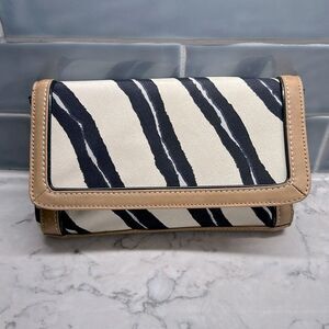 Ann Taylor Loft Navy White Striped Canvas Clutch Bag Tan Trim New with tags‎